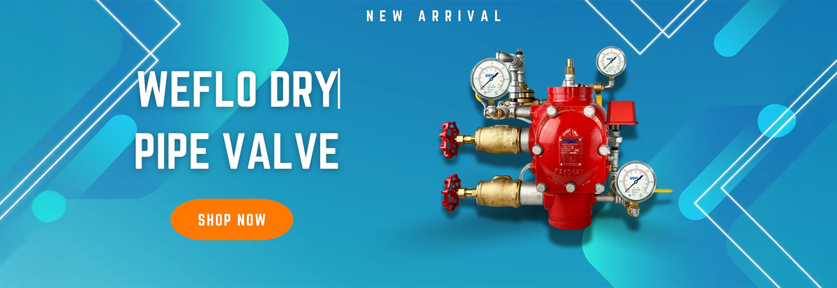 Red dry pipe valve with gauges on a blue background, featuring 'Weflo' branding and a 'Shop Now' button.