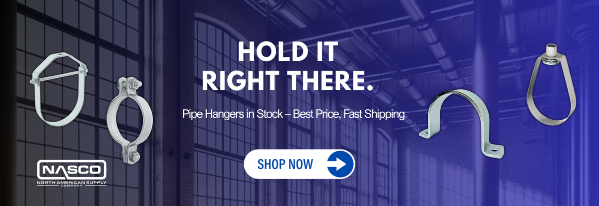 Advertisement for NASCO pipe hangers with a blue background and text 'Hold It Right There'.