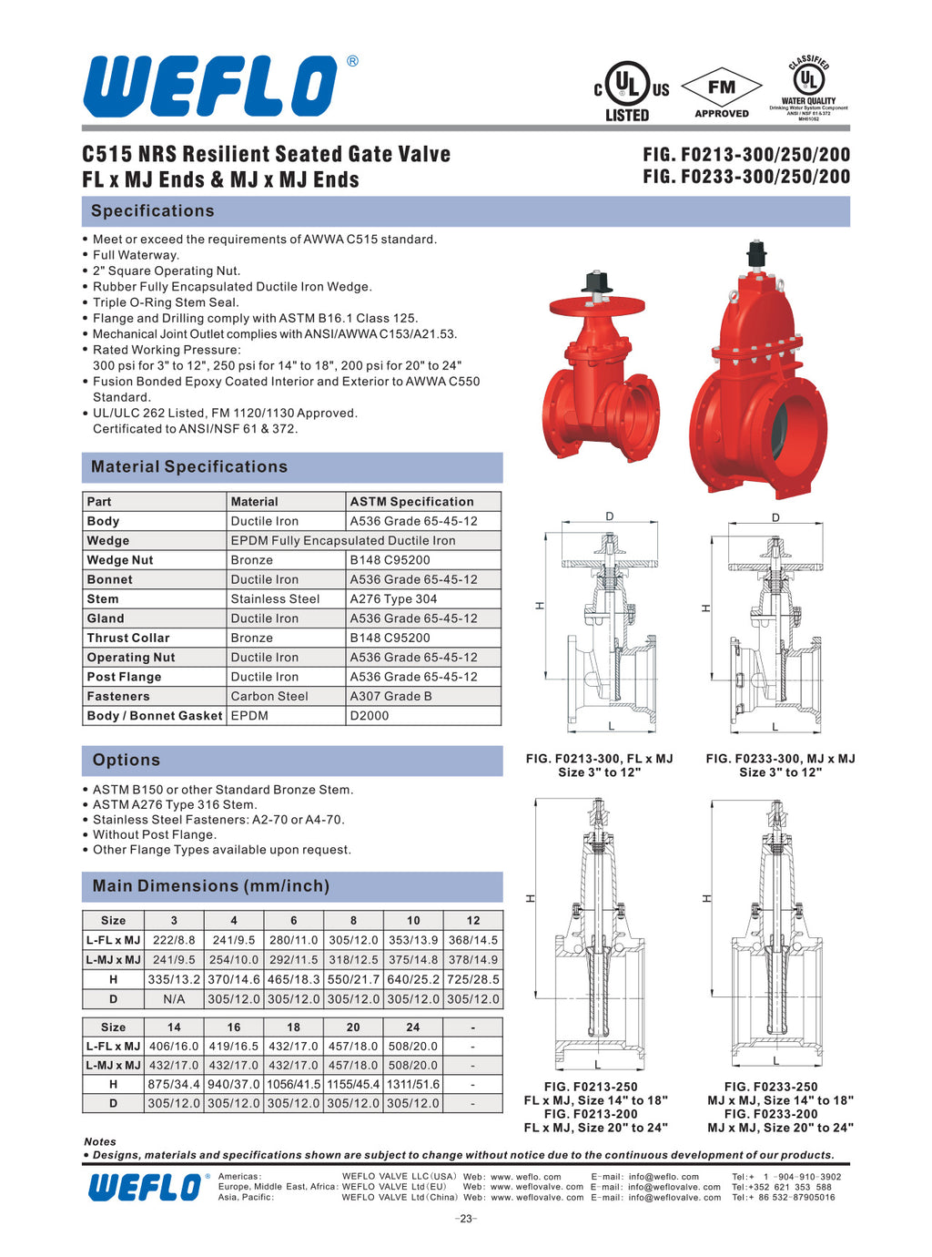 WEFLO NRS GATE VALVE, MJ x MJ, UL/FM