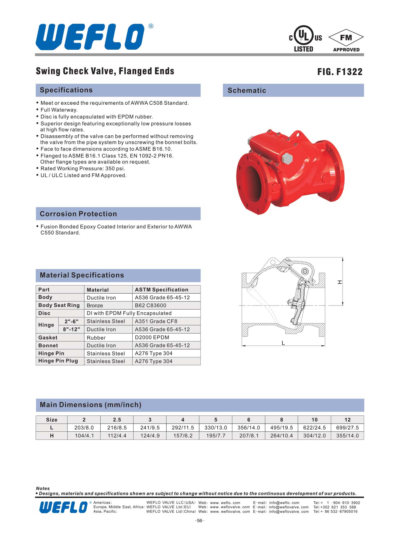 WEFLO F1322-350 Flanged Swing Check Valve UL/FM 350 PSI